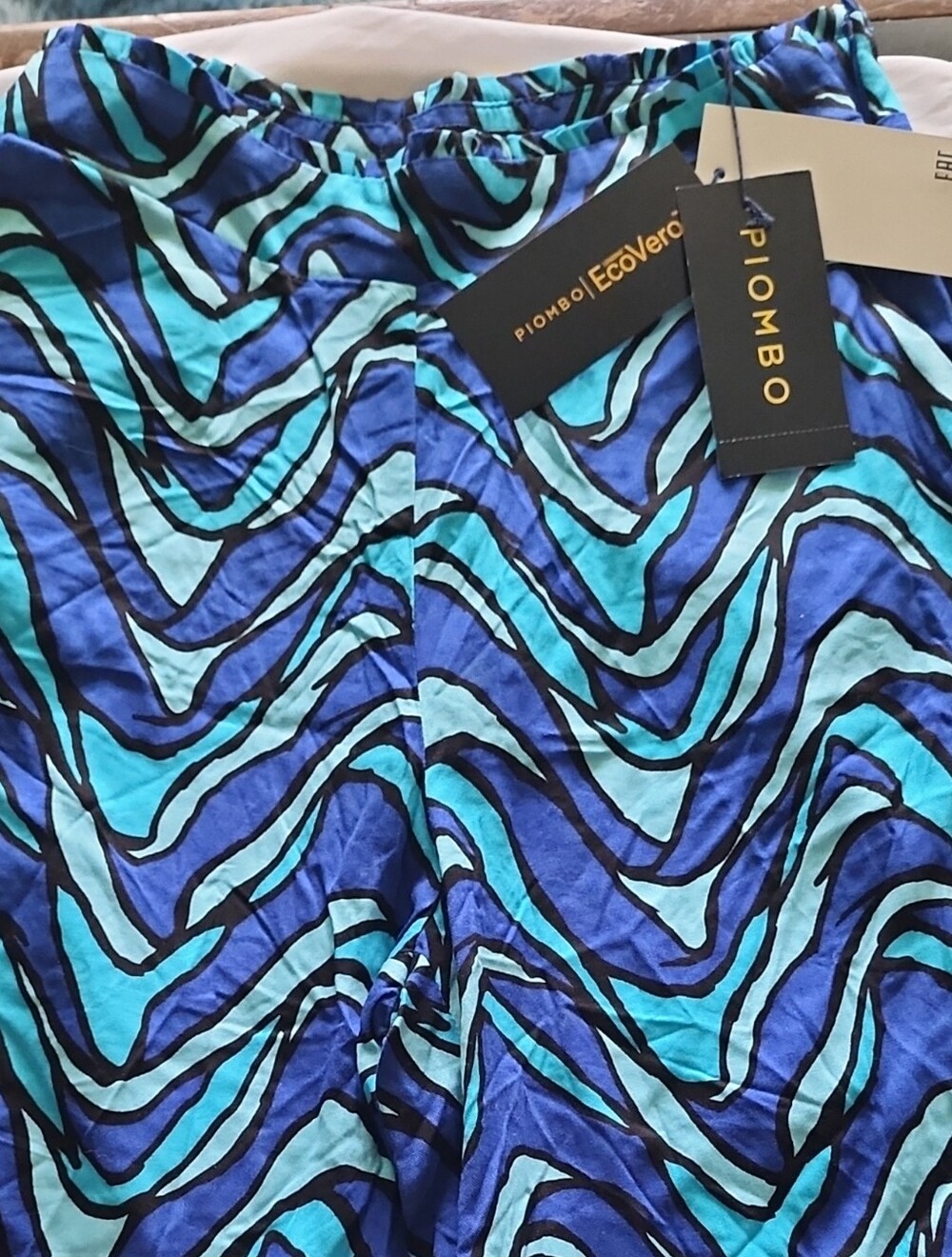 Piombo EcoVero Wave Print Wide Leg Pants Blue Turquoise NWT Size IT 38 / US 2